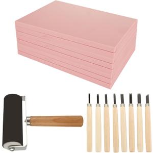 10 Pack Rubber Stamp Making Kit - Block Printing KitLinoleum Carving Tools with 8 Type Blades, 8 Pcs Pink Rubber Carving Block and Rubber Brayer Roller