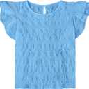 Ecolala Girls Summer Ruffle Short Sleeve Casual Pleated Blouse Cute Keyhole Neckline Solid Tops Blue, 13-14 Years