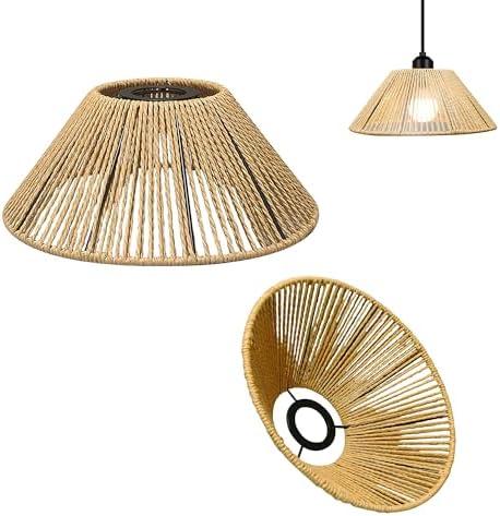 SKIVTGLAMP 2-Packs 9.4" Brown Industrial Metal Lamp Shade Replacement, Twine Natural Bohemian Hollow-carved Designed Rattan Vintage Cover, DIY for Torchiere Pendants Table, Swag Lamp