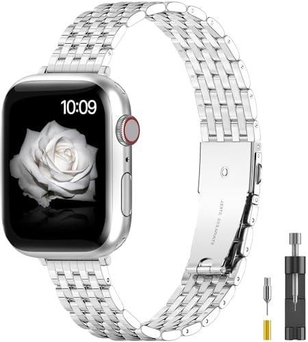 TISIMO for Apple Watch Band 38mm 40mm 41mm  Series 9 8 7 6 5 4 3 2 1 SE SE2 Women and Men,Classic Stainless Steel Metal Watchband for Silver iWatch Bands,Pretty Shiny Look