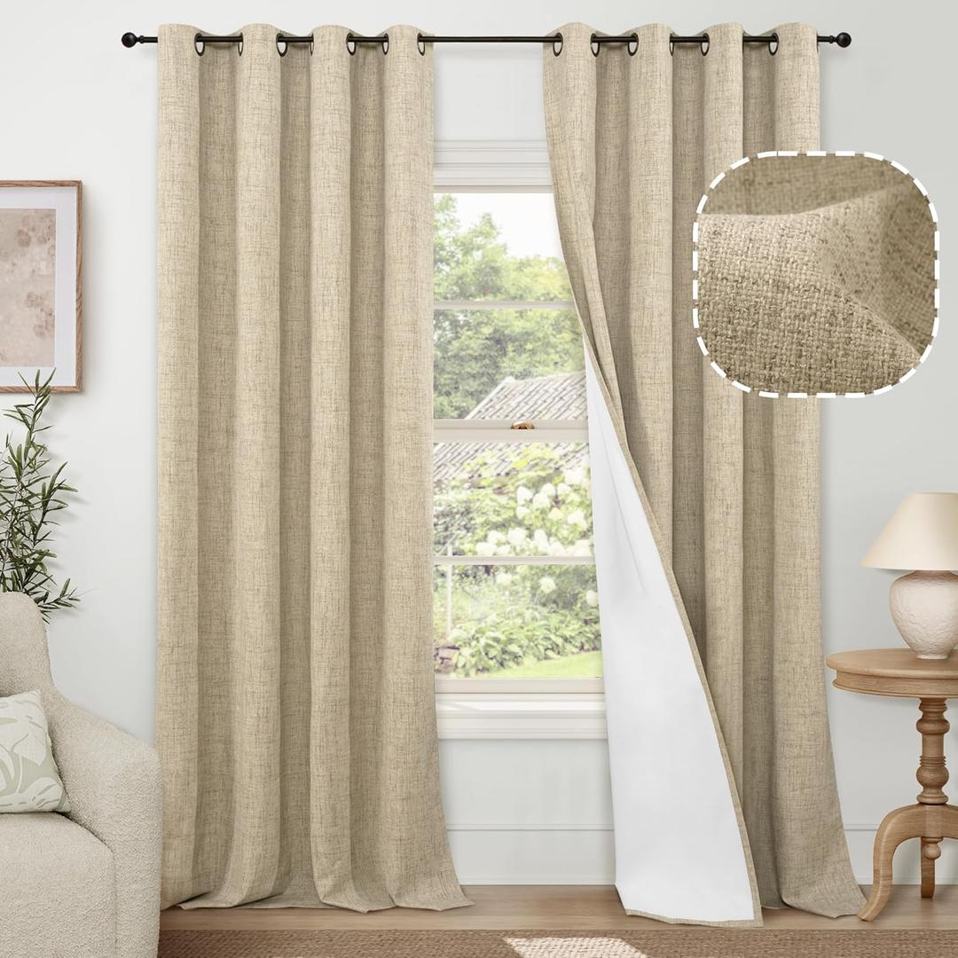 100% Blackout Curtains for Living Room/Bedroom 84 Inch Length 2 Panels Set, Thermal Insulated Bronze Grommet Boho Light Blocking Faux Linen Window Drapes White Liner, Each 52" Wide, Burlap