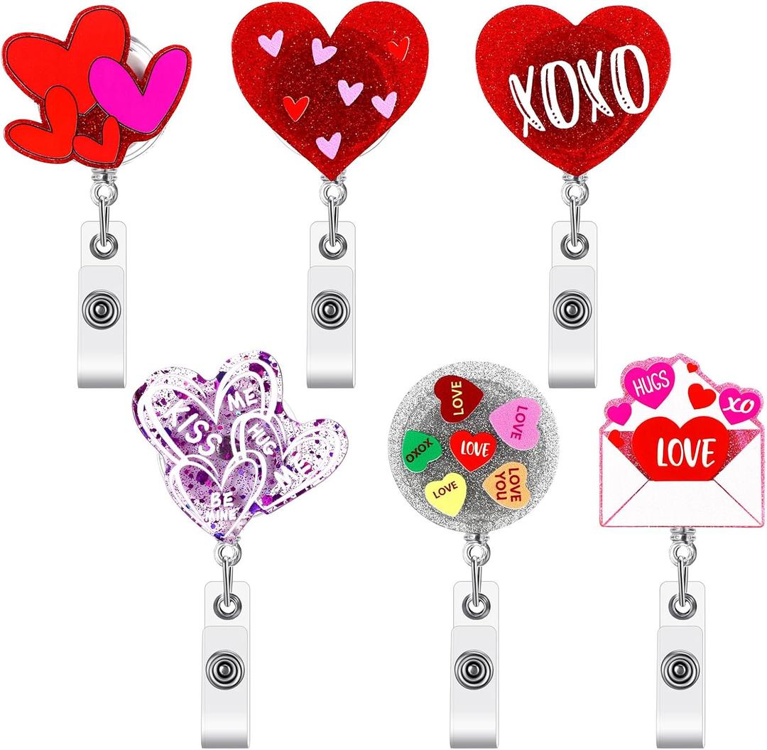 Landical 6 Pcs Valentine's Day Retractable Badge Reel Acrylic Glitter Retractable Badge Holder with Swivel Alligator Clip Cute Holiday ID Clip for Nurse Office Worker Doctors Teachers(Heart)