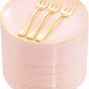Festiva 100Pcs Pink Gold Cake Plates 6.3" with Forks 5"- Disposable Salad Plates-Pink Dessert Plates-Appetizer Plastic Plates - include 100Plates 100Forks for Party&Wedding&Easter&Valentine's Day