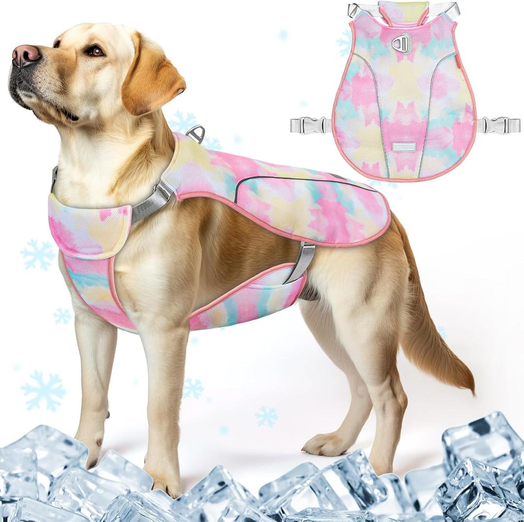KYEESE Dog Cooling Vest Lightweight Large Dog Cooling Shirts Adjustable Straps Summer UV Protection Reflective Stripe Cooling Vest with D Ring 3D Breathable Mesh for Beach,Hiking, Walking,Pink,XXL