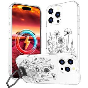 Topgraph Compatible with iPhone 16 Pro Case Magsafe Clear,Magnetic Transparent Cute Silicone Phone Cover Cases for Women - Black Flowers Line Art