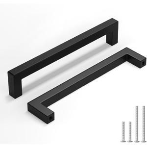 homdiy 10 Pack Black Cabinet Handles, 6-5/16 Inch(160 mm) Hole Centers Cabinet Pulls, Matte Black Square Drawer Dresser Handles, Kitchen Hardware for Cabinets Cupboard Square Drawer Pulls