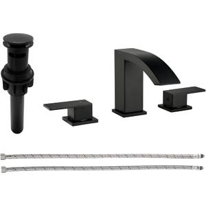 Matte Black Bathroom Faucets for Sink 3 Hole Widespread Waterfall Vanity Faucets Basin Faucet with Pop-Up Drain 8 inch Bathroom Lavatory Faucet