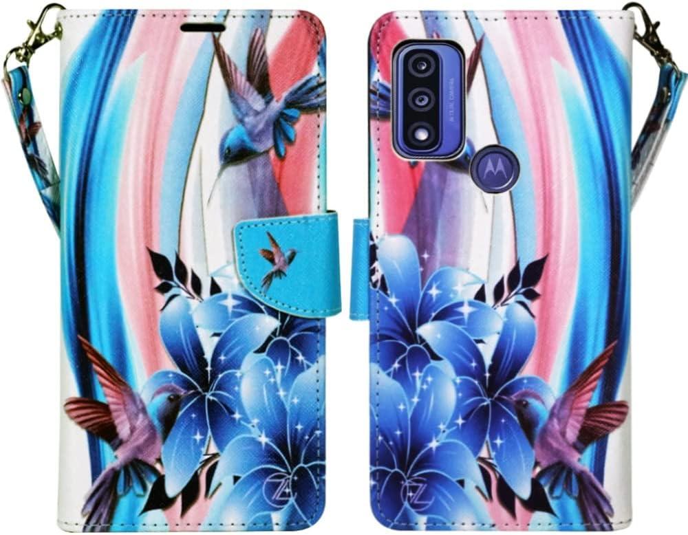 Zase for Motorola Moto G Play (2023)/Moto G Pure/Moto G Power (2022) Wallet Phone Case Pouch PU Leather Flip Folio Cute Cover w/Kickstand ID Card Slot Wrist Strap Magnetic Lock (Blue Bird)