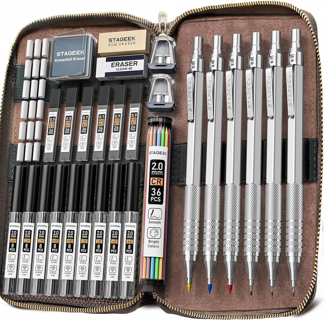 30PCS Silver Metal Mechanical Pencil Set in Leather Case, 0.5/0.7/0.9/2.0mm Art Drafting Pencils with 16 Tubes Graphite Leads (6B 4B 2B HB 2H 4H) & Colored Refills for Sketching, Drawing, Writing