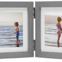 Double Horizontal Picture Frames Hinged Folding Photo Frames in Gray Made of Pine Wood with Real Glass for Wall Hanging or Tabletop Standing, Display Pictures 4x6 with Mat or 5x7 Without Mat