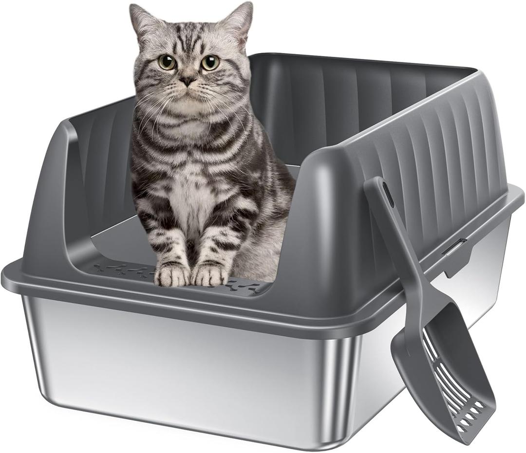 Stainless Steel Litter Box Enclosed Cat Litter Box with High Sided Lid Odor Control Non-Stick Easy Clean Low Entry Anti-Tracking Litter Box for Kittens & Small Cats