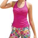 Girls Bathing Suits for Teens Size 12 14 V Neck Halterneck Swimsuit with Padded Juniors Summer Beach y2k Rose Red Flower Tankini Swim Set 12-14 Year Big Girl Hawaii Beach Drawstring Shorts Swimwear