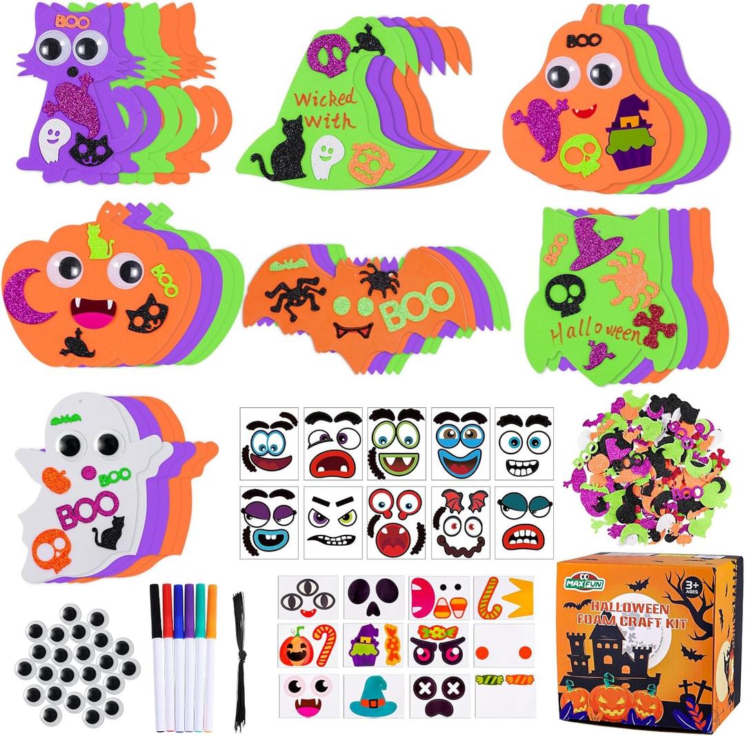 Max Fun 334PCS Halloween Crafts for Kids, Halloween Activities Foam Pumpkins for Crafts Stickers Gift Kits, DIY Art and Craft Set for Holiday Classroom Decorations Party Favors Supplies (Pumpkin+Ghost+Skull+Monsters+Imps)