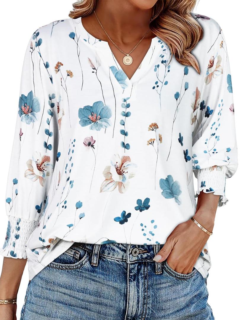 Blouses for Womens 3/4 Length Sleeve Casual Tops Loose V Neck T Shirt with Smocked Cuffs 2026 (White Blue Floral, S) (White, S)