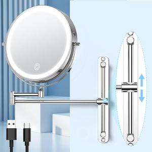 Gospire 8.5" Rechargeable Wall Mounted Lighted Makeup Mirror with Magnification 10X, Adjustable Brightness & Height, 3 Light Colors, 360° Rotation, Magnifying Mirror with Light for Women - Chrome