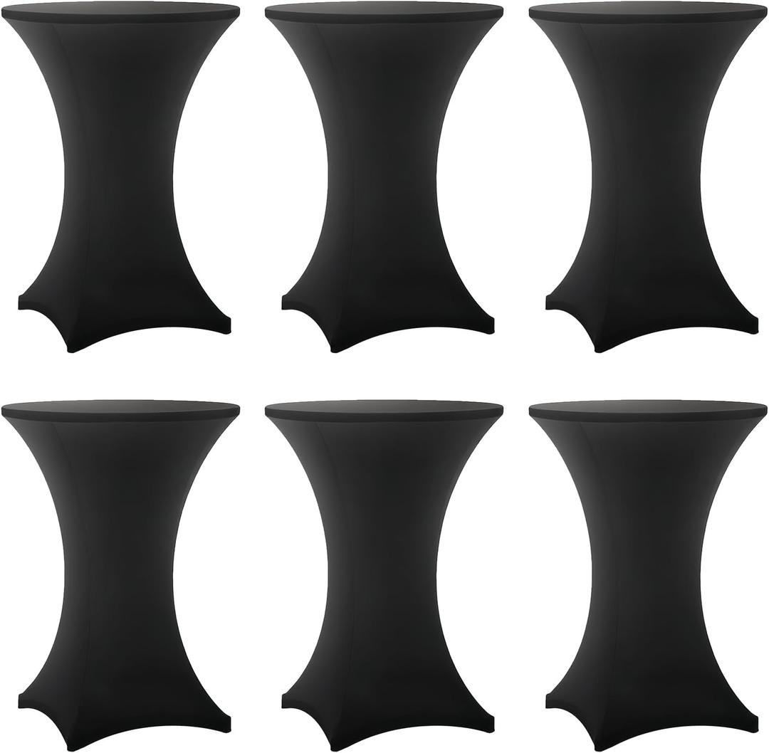 Cocktail Table Covers - 6 Pack 32x43 Inch Table Cloth - Black Fitted Stretch Spandex Round High Top Tablecloth for Party, Bar, Birthday, Pub, Banquet