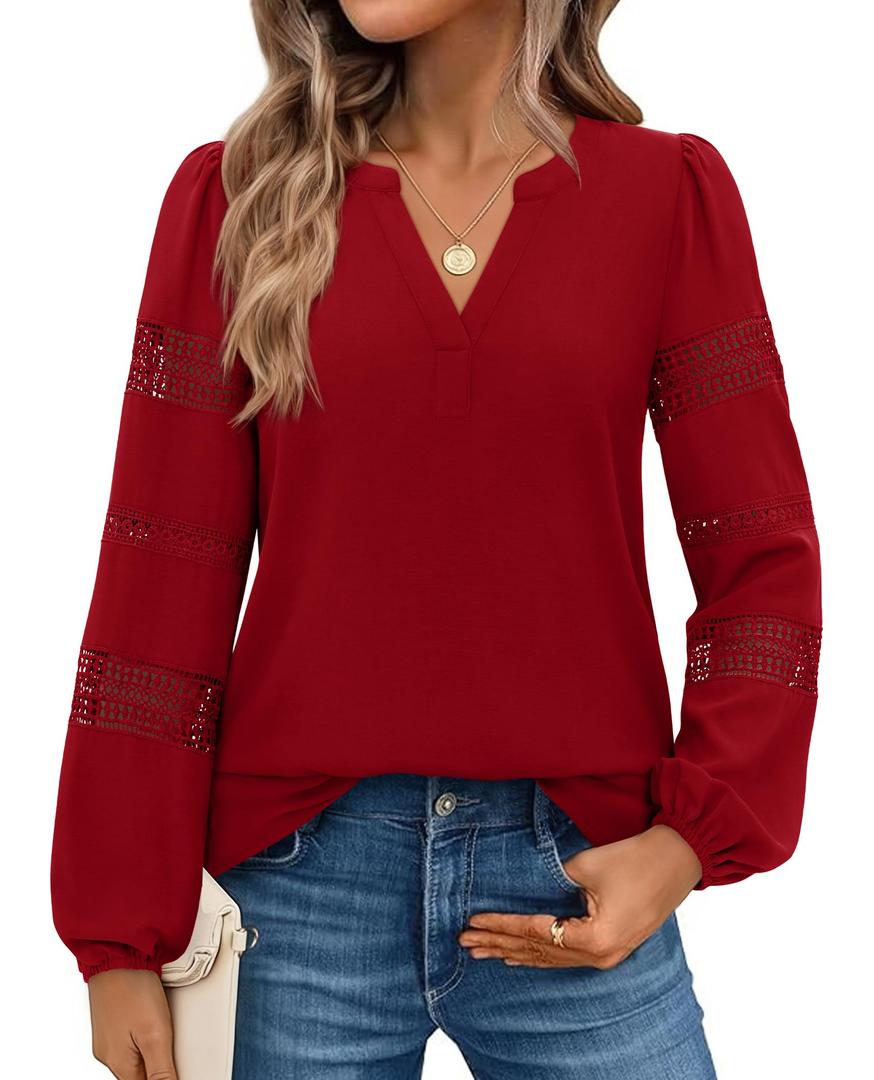 Uhiger Red Long Sleeve Shirt Women V Neck Top Dressy Casual Business Casual Outfits Plus Size Holiday Tops Vacation Outfits