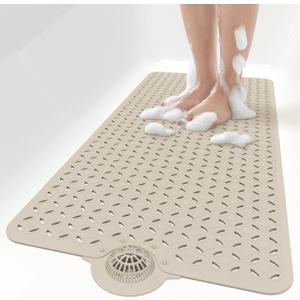 OTHWAY Bath Mat for Tub Non Slip: 39" X 17" Long Bathtub Mat with Hair CatcherBig Drain Holes Shower Mats for Inside ShowerMachine Washable (Brown)