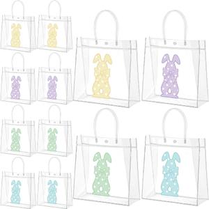 Kolldenn 12 Pcs Easter Clear PVC Gift Bags with Handle Cute Bunny Transparent Goodie Bag Reusable Treat Holder for Easter Party Supplies Decorations, 6.31" x 5.91" x 3.15"