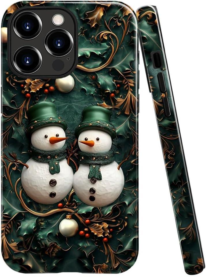 Case Compatible with iPhone 13 Pro Max,Glossy Hybrid 2-Layer Hard Shell,Shockproof Soft for Girl Women,Vintage Christmas Snowman Green Leaf