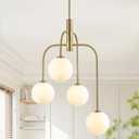 Gold Mid Century Modern Chandelier, 4-Light Milk Glass Globe Light Fixture | Frosted Glass Shades, G9 Bulb Base, Large Sputnik Ceiling Hanging Pendant Light for Dining Room Kitchen Island Entryway