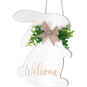 Easter Decorations Door Sign, Wooden Rustic Welcome Easter Front Door Hanger, White Easter Bunny Wreath Hanging For Spring Wall Home Farmhouse Indoor Outdoor Decor (Bunny)
