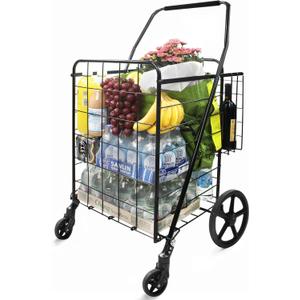 MaxWorks 50927 Folding Dual Basket Cart  140 lbs Capacity, 360 Swivel Casters, Quick Assembly, Heavy-Duty Carrier for Groceries, Laundry, Travel
