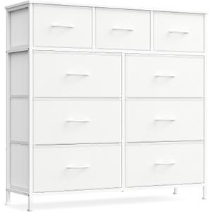 SONGMICS Dresser for Bedroom, Chest of Drawers, Steel, MDF, 9 Non-Woven Fabric Drawers, Storage Organizer Unit, Closet, Entryway, Cloud White and Snow White ULGS324WH01