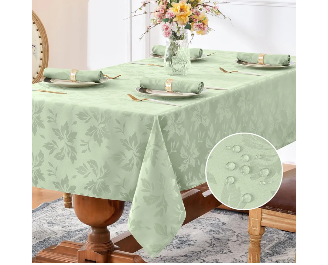 Romanstile Summer Jacquard Rectangle Tablecloth - Waterproof Damask Floral Pattern Decorative Table Cloths Heavy Weight Fabric Table Covers for Dinner/Parties/Outdoor - 34'x50" Inch, Sage 2pcs