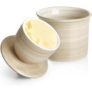 Sweese Hand-Painted Butter Crock with Water French Butter Keeper Crock with Lid for Countertop, Artistic Design, Dishwasher & Microwave Safe, Gift-Ready-Light Grey