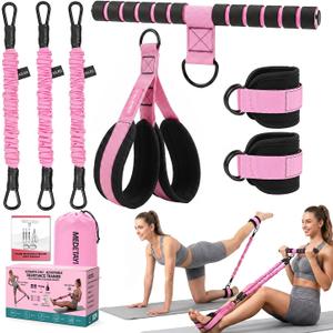 Pedal Resistance Band 40/50/60 lbs with Handles and Ankle Cuffs, 3-Tube Adjustable Exercise Bands for Womens Home Workout, Abs, Core, Arm, Leg and Hip Training