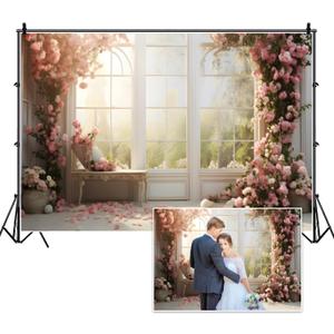 8x6ft Bridal Floral Backdrop for Wedding Pink Rose Window Scenery Green Leaves Elegant Photography Background for Valentine's Day Bridal Shower Birthday Spring Party Women Girls Portraits
