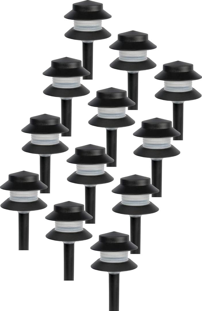 GreenLighting 35 Lumen Modern 2-Tier Low Voltage Path Light - Outdoor 2.5 Watt Landscape Light (12 Pack, Black)