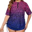 Halcurt Women's Plus Size Half Zip Short Sleeve Rash Guard Swim Top Drawstring Swim Shirt UPF50+ Swimsuit (3X, Pink Blue Leopard)