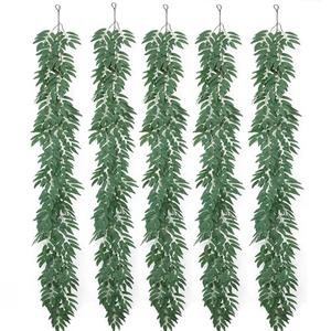 mizii 5 Packs 390" Artificial Vines Willows Garland Fake Vine Italian Ruscus Silk Green Leaves Faux Plants Greenery Decoration for Bedroom Room Wall Party Table Centerpieces Wedding Arch Decor