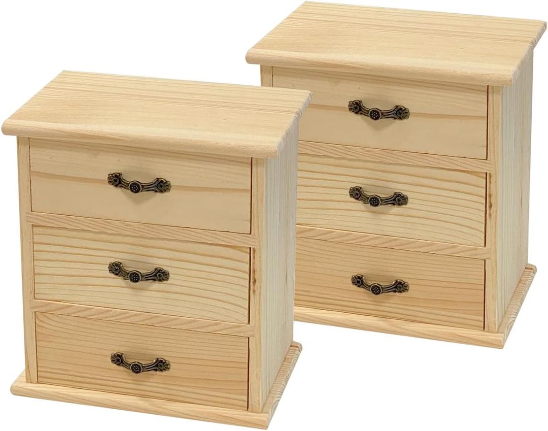 2 Pack Wooden box with 3 Mini Drawers for Jewellery,Unfinished Wood Surface Box, Small Wooden Organizer Storage Box for Arts Crafts DIY Project