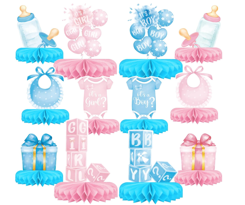 Gender Reveal Decoration Set - Includes Baby Reveal Table Decorations with Honeycomb Centerpiece for Boy or Girl Baby Shower Party Decoration