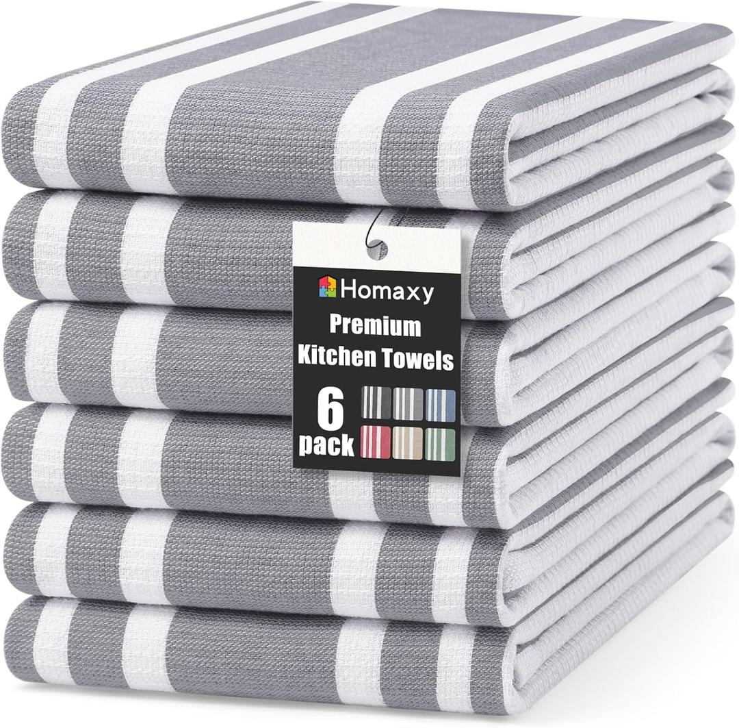 Homaxy Premium Kitchen Towels 18x 28, Large Cotton 380 GSM Kitchen Hand Towels, Stripe and Terry Dish Towel, Highly Absorbent Tea Towel Set with Hanging Loop, 6 Pack, Grey