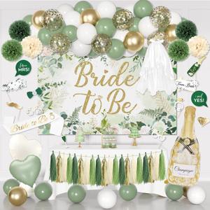 Bridal Shower Decorations, Sage Green Bachelorette Party Decorations Bride to Be Banner Backdrop Sash Veil Confetti Foil Balloons Tassel Paper Pom Poms Photo Props for Engagement Wedding Party Favors (Gold and Green)