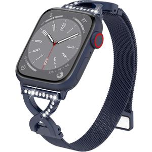 BRG Thin Mesh Loop Compatible with Apple Watch Bands for Women 40mm 41mm 38mm 42mm Series 11 10 9 8 7 6 5 4 3 2 1 SE, Metal Magnetic Stainless Steel Strap with X-Shape Diamond Clasp for iWatch Bands (Midnight)