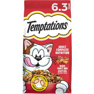 Temptations Adult Dry Cat Food, Block Party BBQ Flavor, 6.3 lb, 3 Pack (EXP 10/04/26)