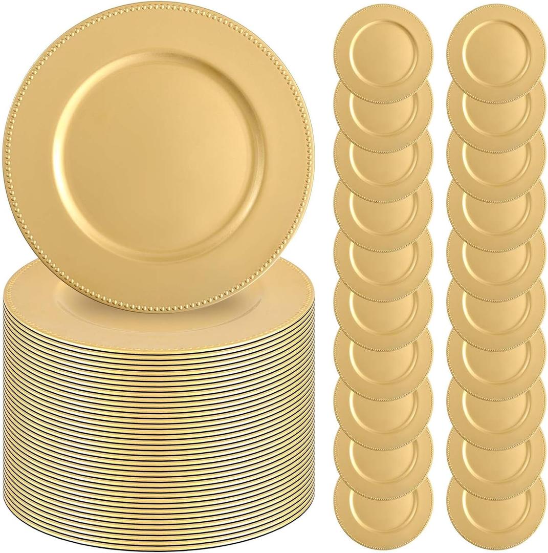 50 Pcs Gold Charger Plates 13" Round Charger Plates Bulk Beaded Chargers for Dinner Plates Decorative Gold Charger Plastic Charger Plates for Wedding Party Event Baby Bridal Shower Table Decoration