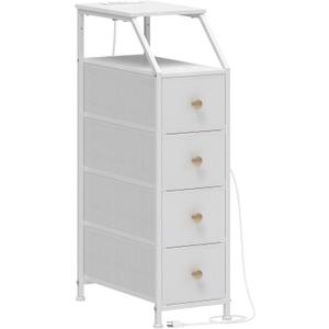Tohomeor Narrow Dresser Tall Skinny Storage Tower Vertical Slim Chest of Drawers with Charging Station Small Nightstand Side Table for Bedroom, Bathroom, Small Spaces (White, 4 Drawers), 18.9"D x 9.8"W x 34.4"H