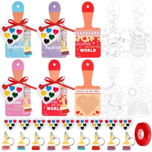 24 Sets Valentines Day Gifts for Kids,Valentines Cards with Watercolor Paint Bulk and keychain,School Classroom Exchange Gifts for Party Favors