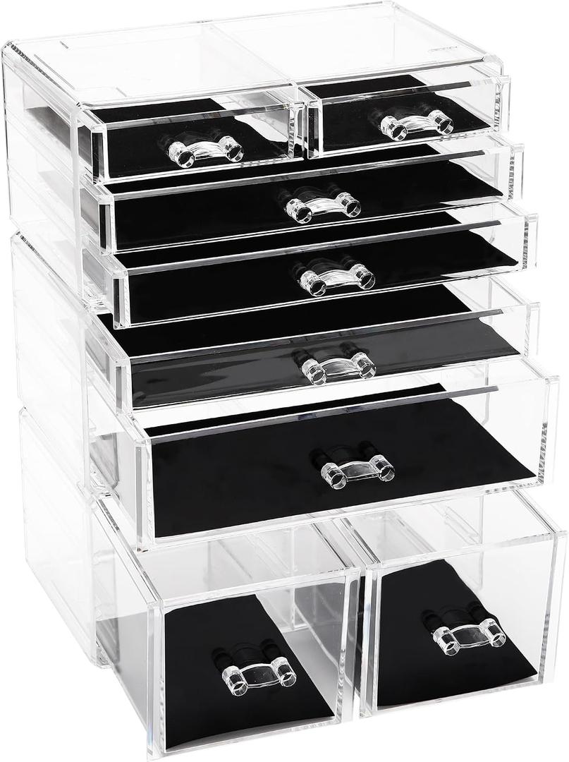 Sea Team 3-Layer Stackable Clear Makeup Organizer with Drawers, Acrylic Plastic Cosmetic Display Case, Jewelry Storage Box, Holder for Dresser, Bathroom, Vanity, Countertop (8 Drawers)