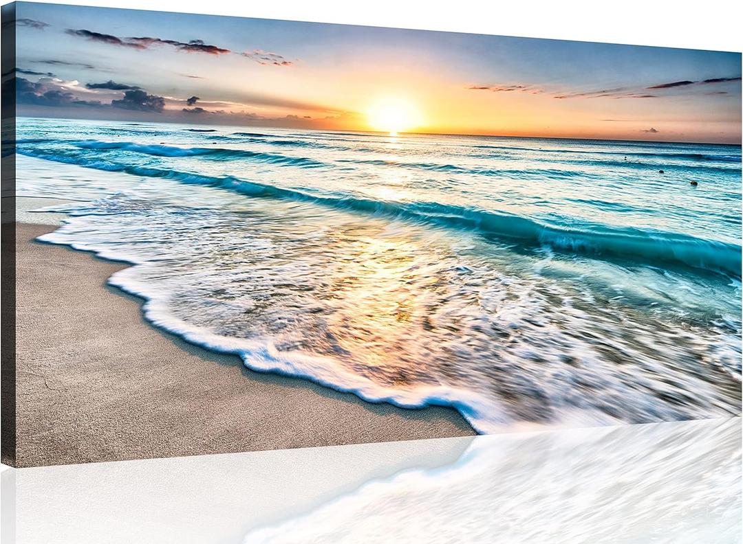TutuBeer 1 Pcs Beach Wall Art Beach Wall Decor Blue Sea Sunset White Beach Ocean Wall Art Beach Pictures Wall Art Seascape Print on Canvas Ocean Decor Beach Decor for Bedroom Home Decor 16x32 inch