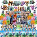 Birthday Party Decorations Set - 1 Backdrop (39" x 59"), 1 Big Topper, 1 Tablecloth, 15 Birthday Banner, 24 Cupcake Toppers, 16 Balloons, 6 Hanging Swirls - JungleThemed Game Celebration