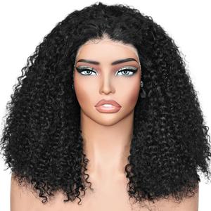 Afro Kinky Curly Wig Human Hair, 13x4 Lace Front Curly Afro Glueless Wigs 180 Density, Pre Plucked Transparent Lace Frontal, Brazilian Human Hair Bob Wig for Women, Natural Black 18 Inch