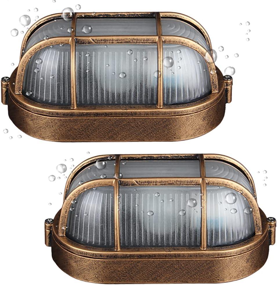 2-Pack Outdoor Oval Wall Lights, 8.3"Nautical Bulkhead Sconce, Flush Mount for Wall or Ceiling, Aluminum with Frosted Glass, Vandal Resistant Security Light E26 Base, Waterproof Garage, Terrace, Sauna (Bronze)