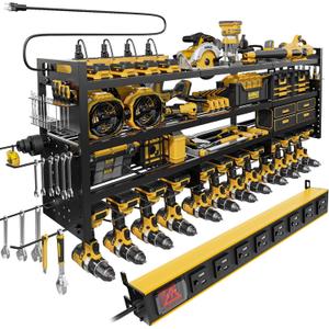 Power Tool Organizer Wall Mount | 8-Outlet TR Charging Station | Garage Storage Rack with Cordless Drill Holder | Heavy Duty Metal Shelf for Workshop Organization, 49''Width (POWER STATION)